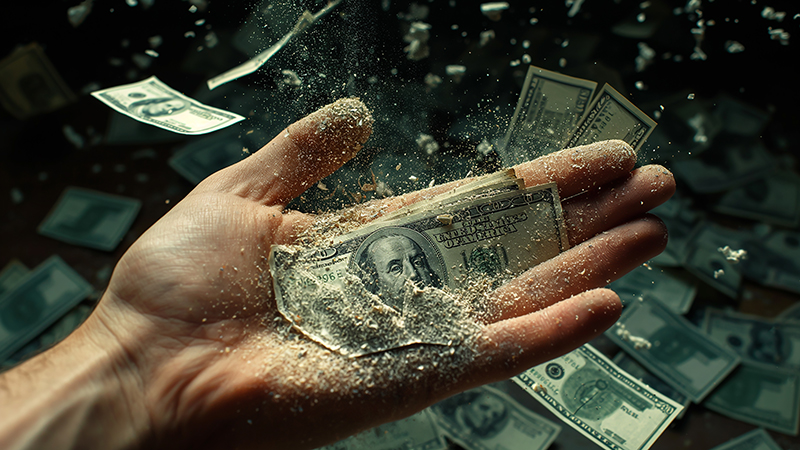 Money dissolving in a person's hand