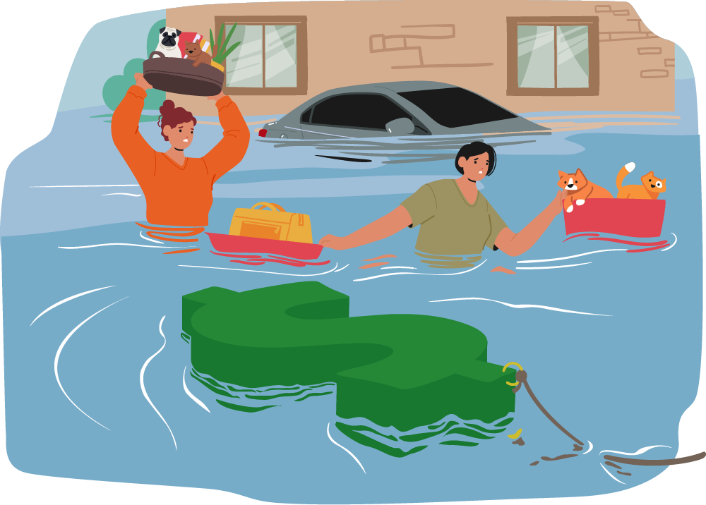 two people wading through after a natural disaster