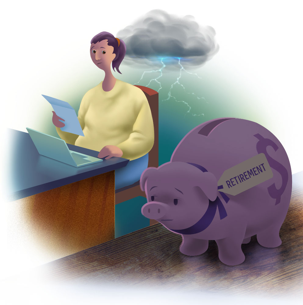 woman sitting at a desk and looking at a paper thinking about her retirement savings