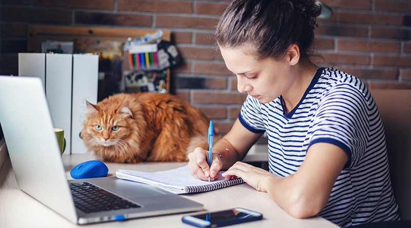 Woman working from home at her desk.