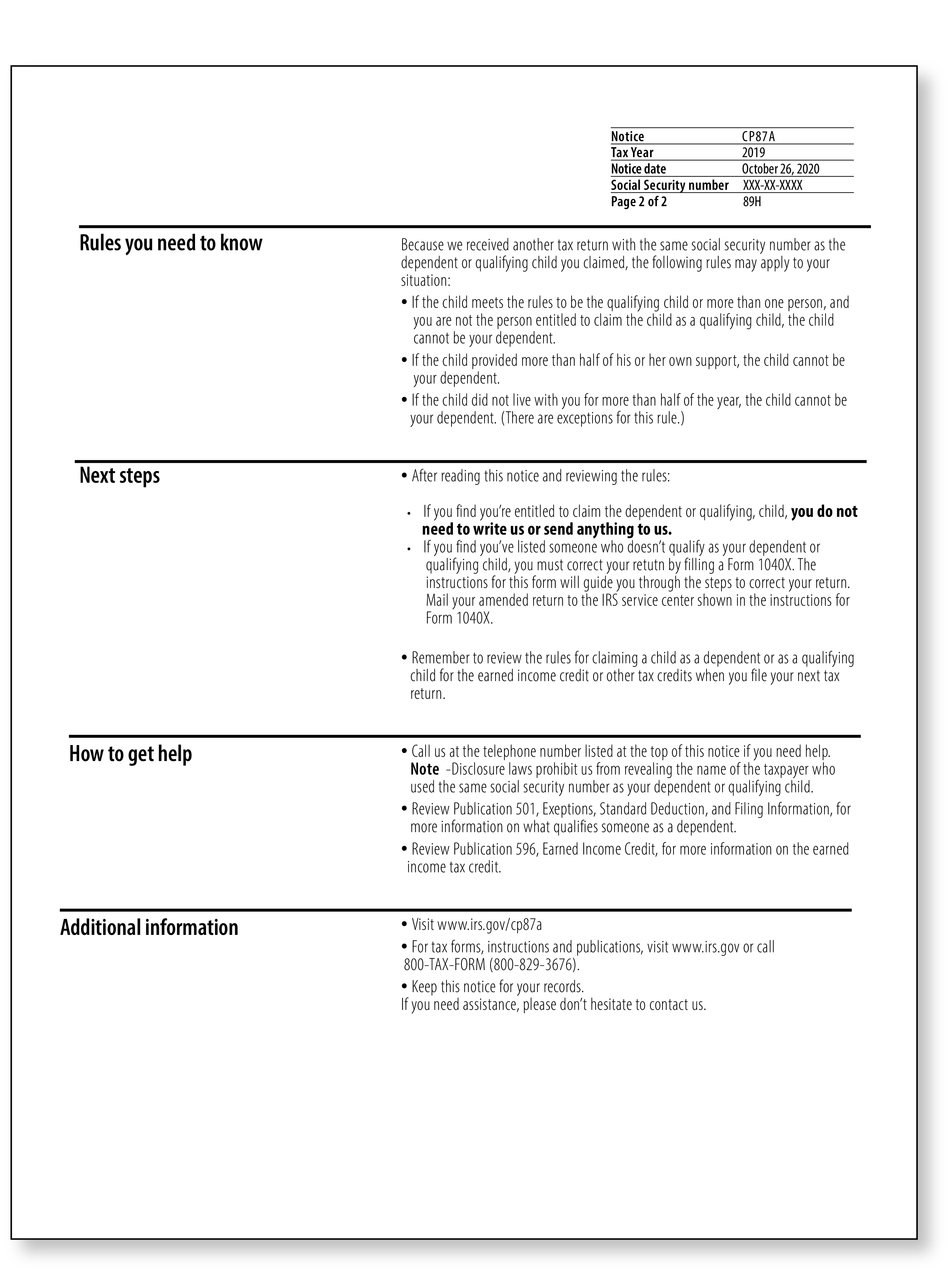 IRS Audit Letter CP87A - Sample 1