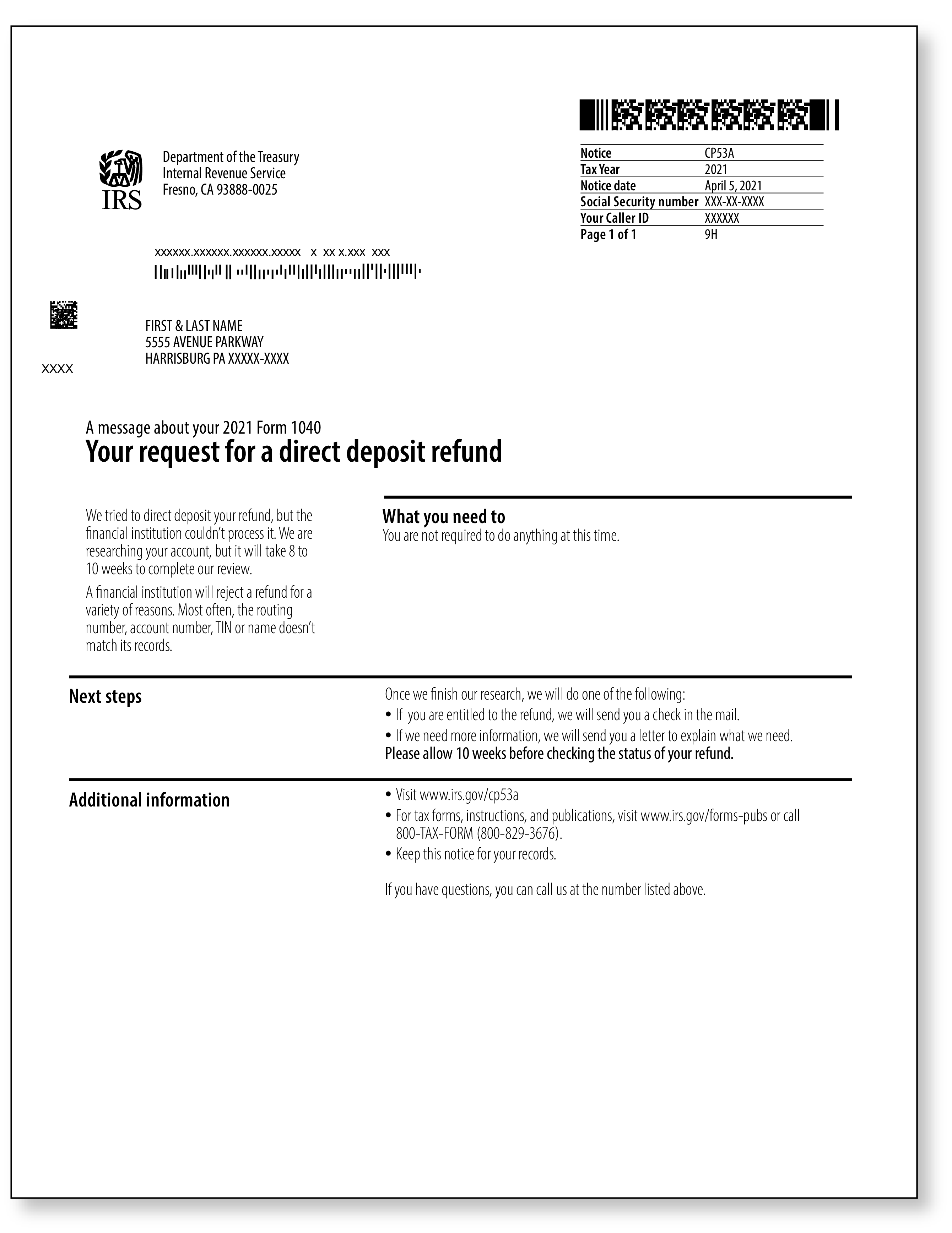 IRS Audit Letter CP53A - Sample 1