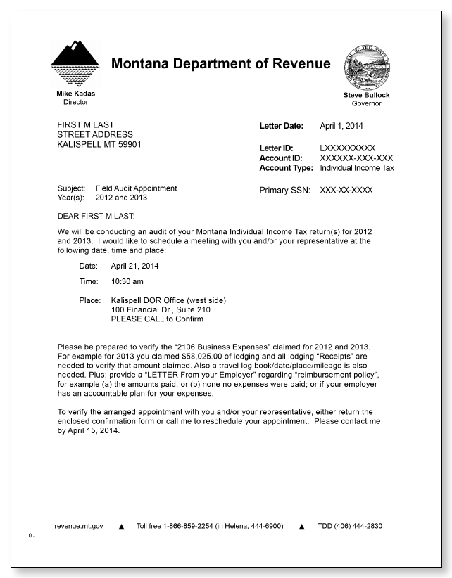 Montana Department Of Revenue Field Audit Letter Sample 1