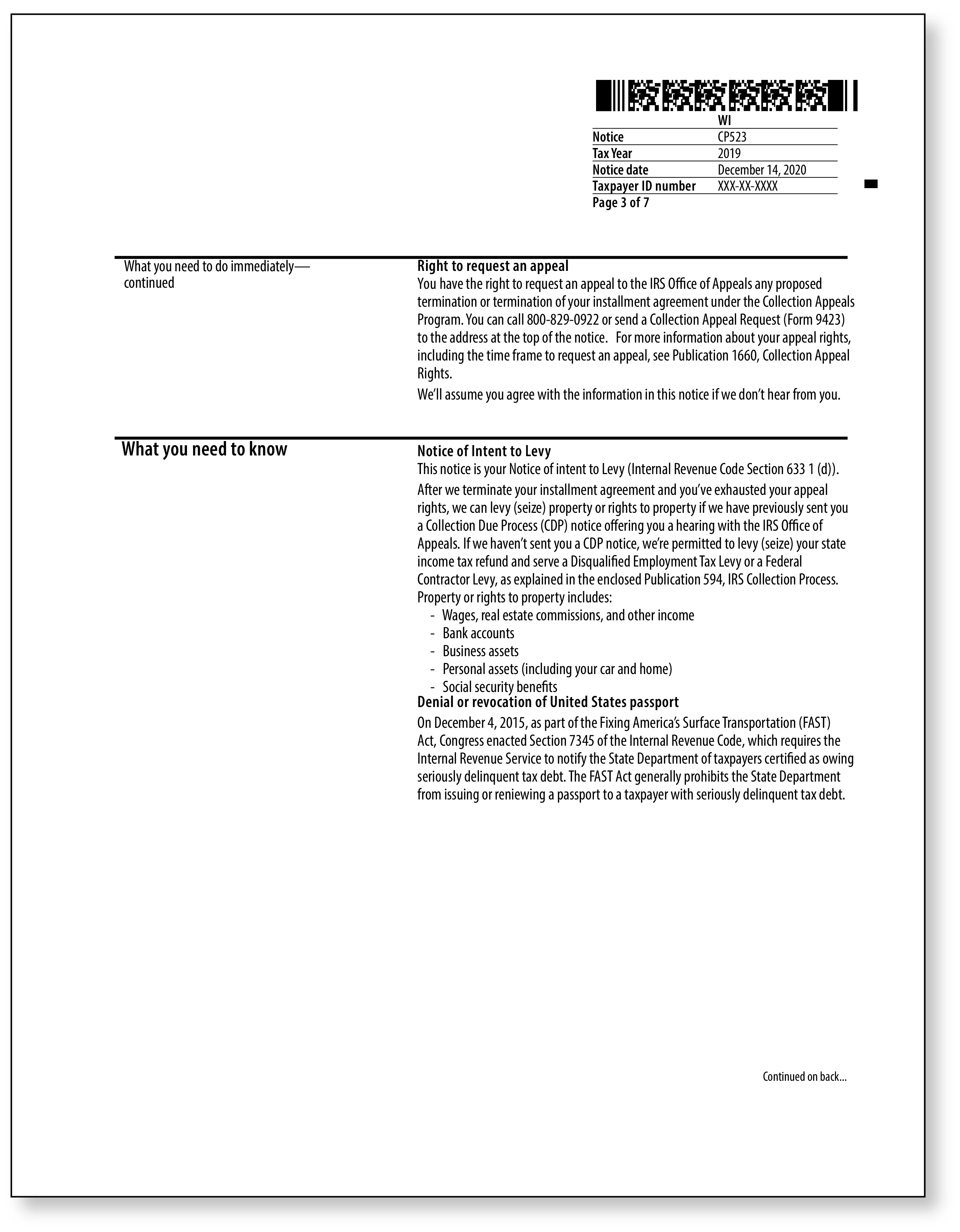 IRS Audit Letter CP523 – Sample 1
