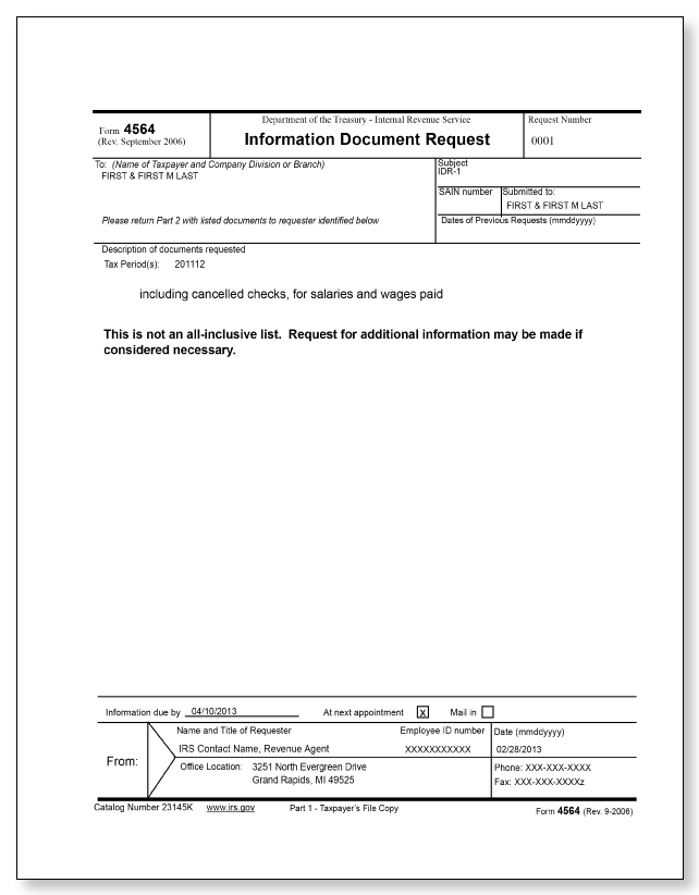 IRS Audit Letter 3253 - Sample 1 