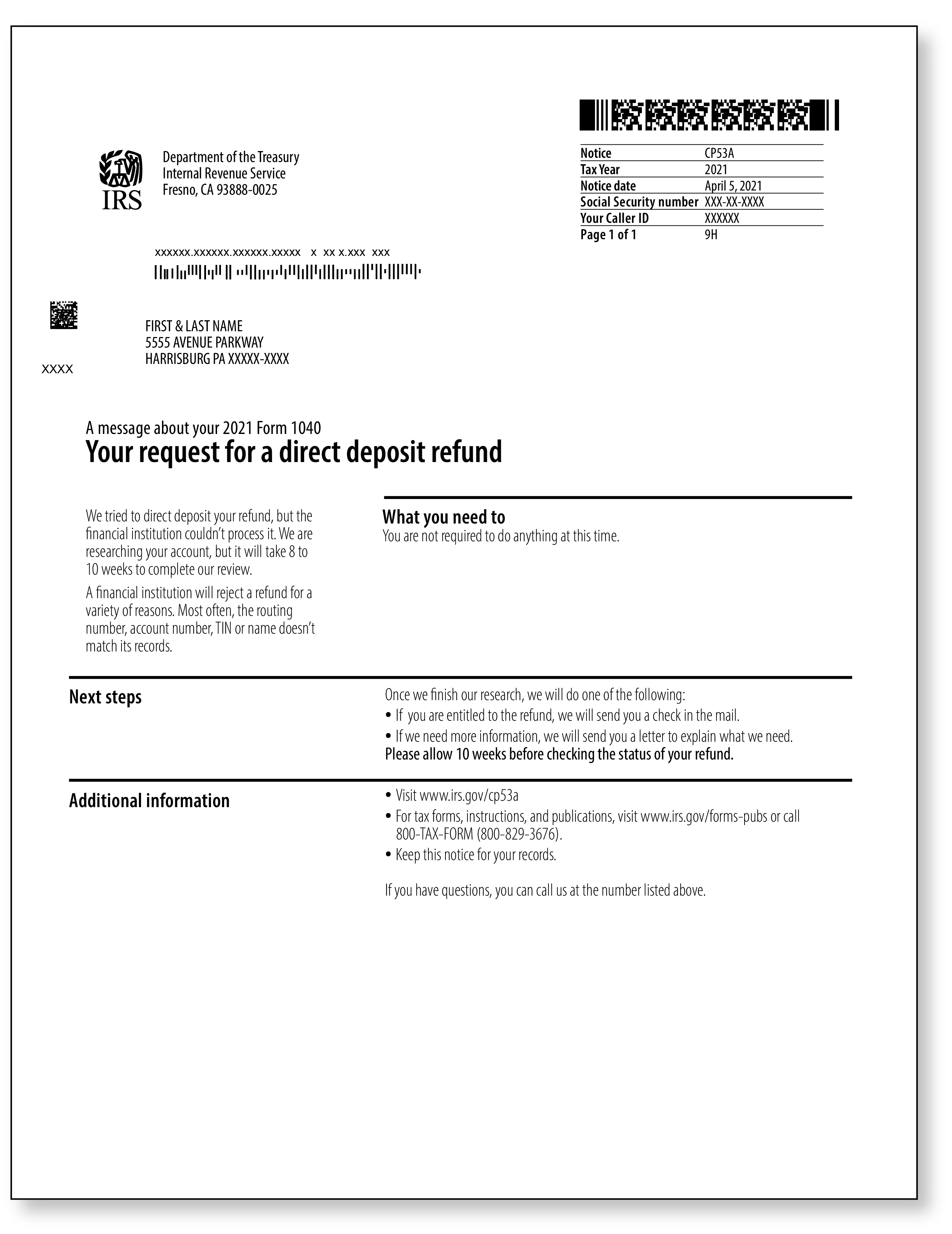 IRS Audit Letter CP53A – Sample 1