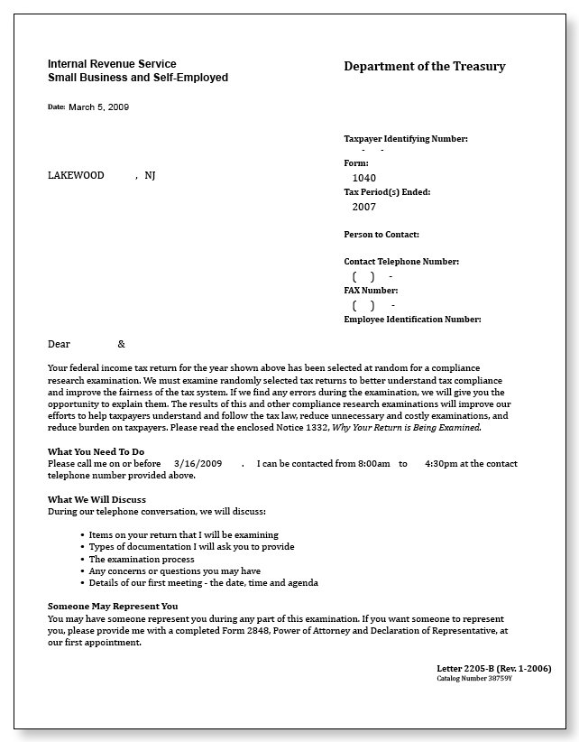 IRS Audit Letter 2205-B - Sample 2