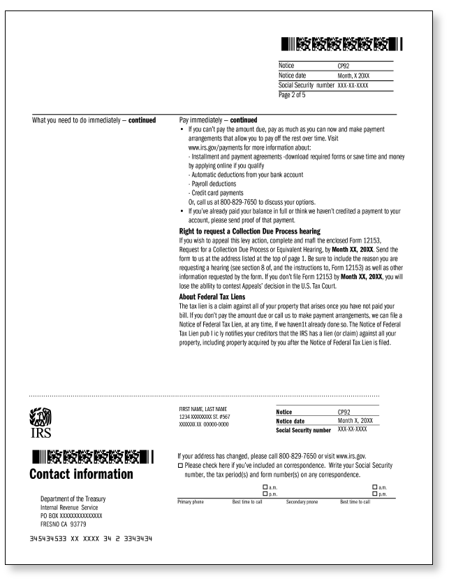 IRS Audit Letter CP92 - Sample 1