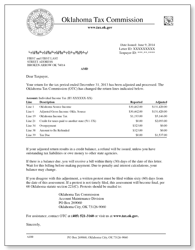 Oklahoma Tax Commission rL030 Letter Sample 1;