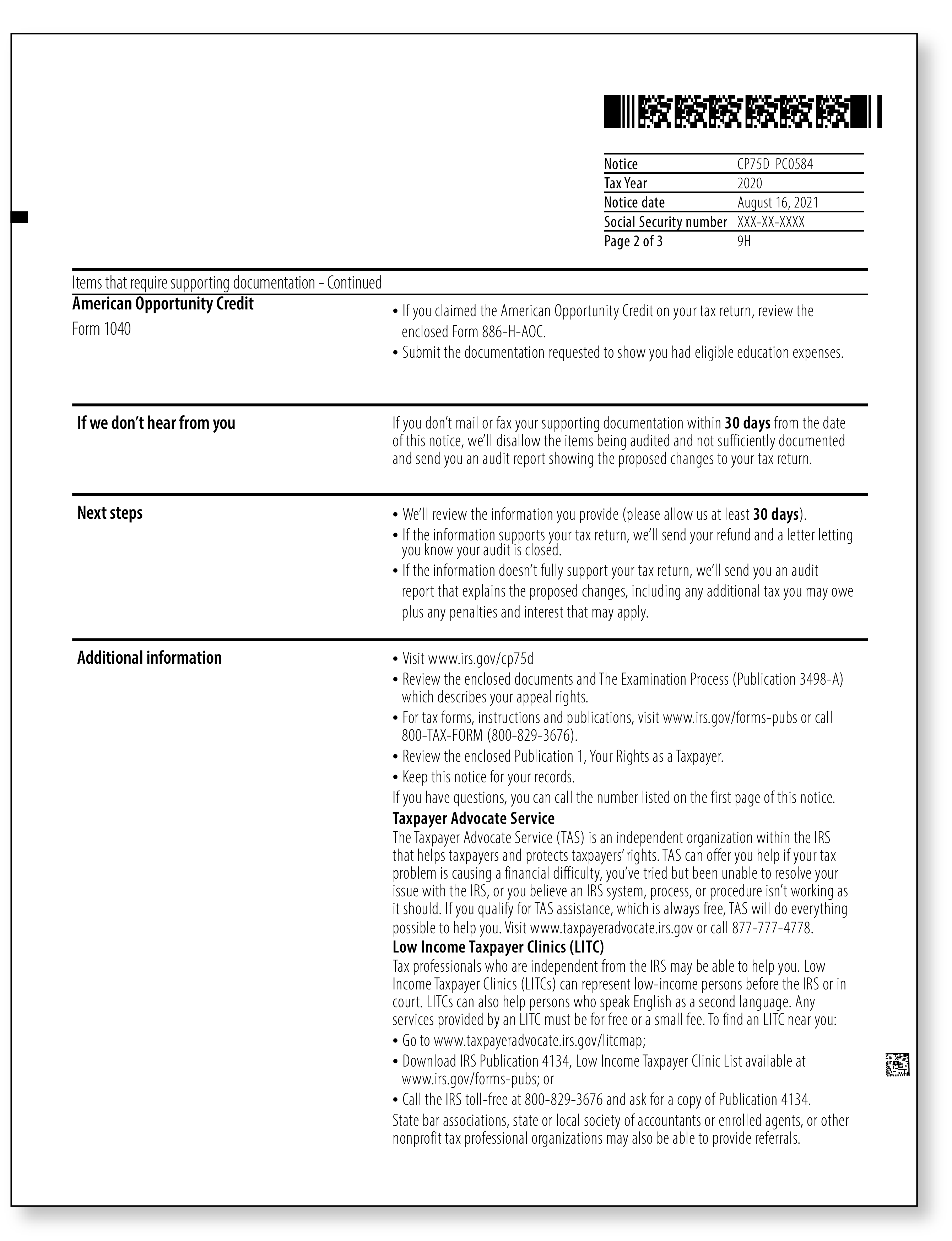 IRS Audit Letter CP75D - Sample 1