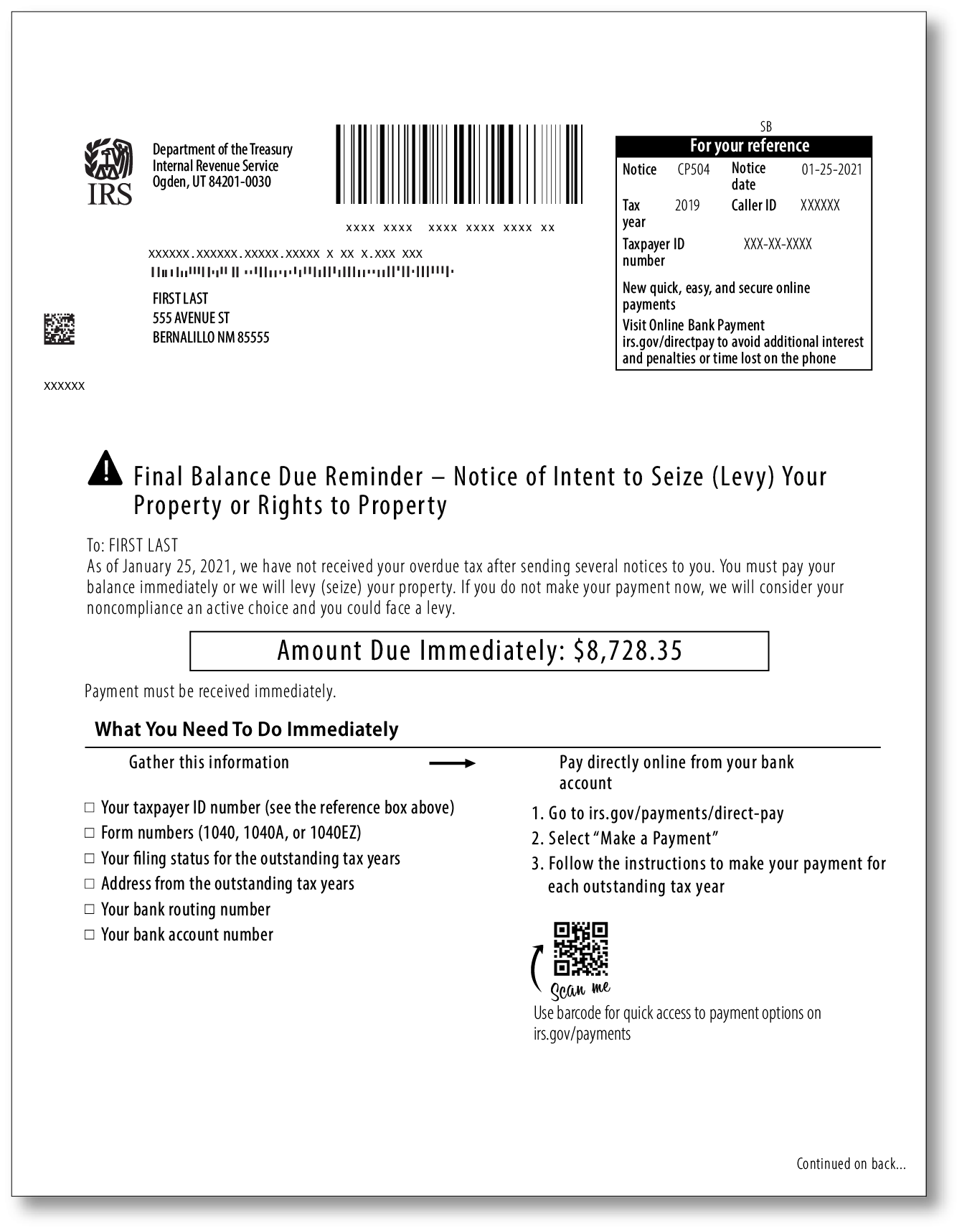 IRS Audit Letter CP504 - Sample 1