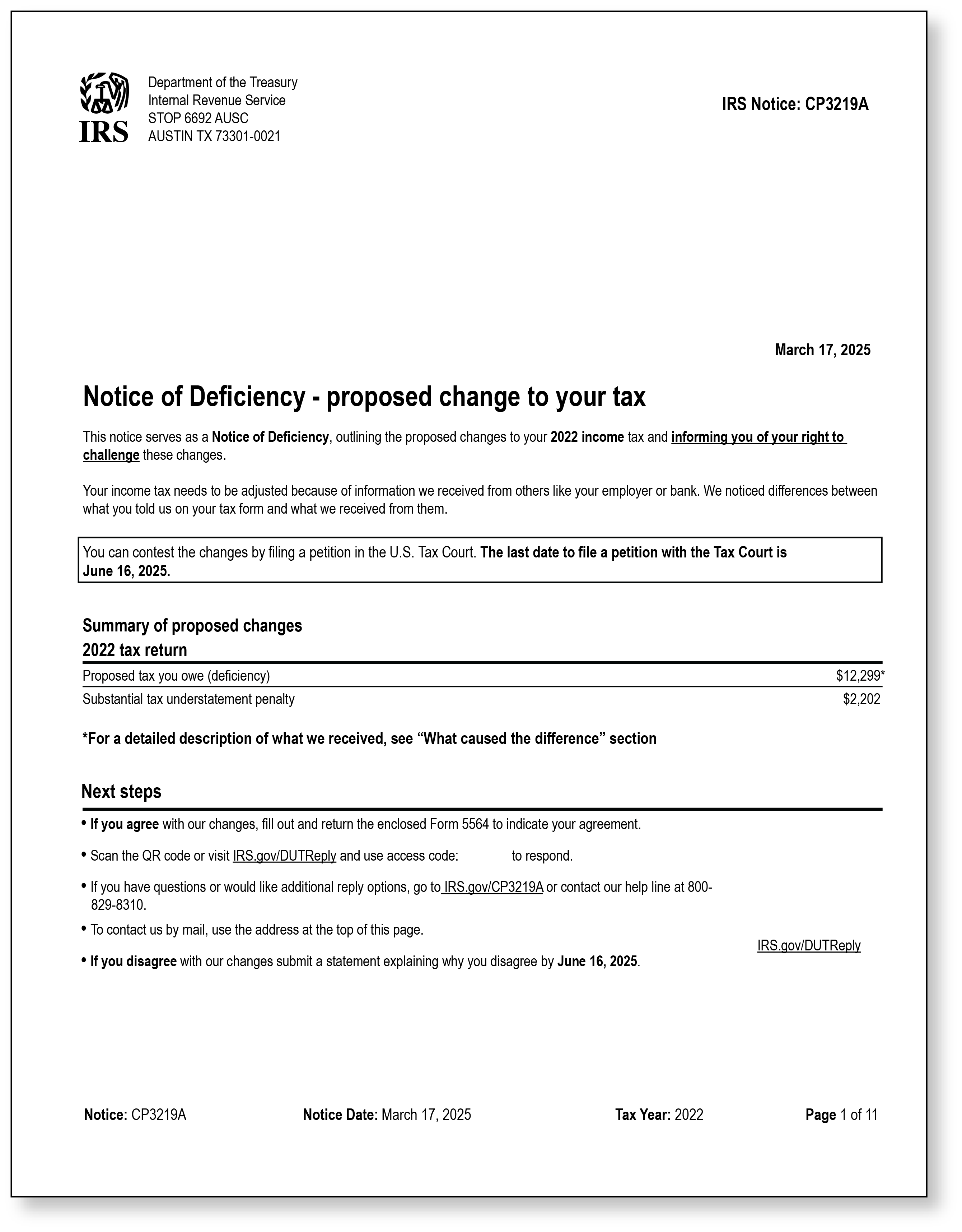 IRS Audit Letter CP3219A - Sample 3