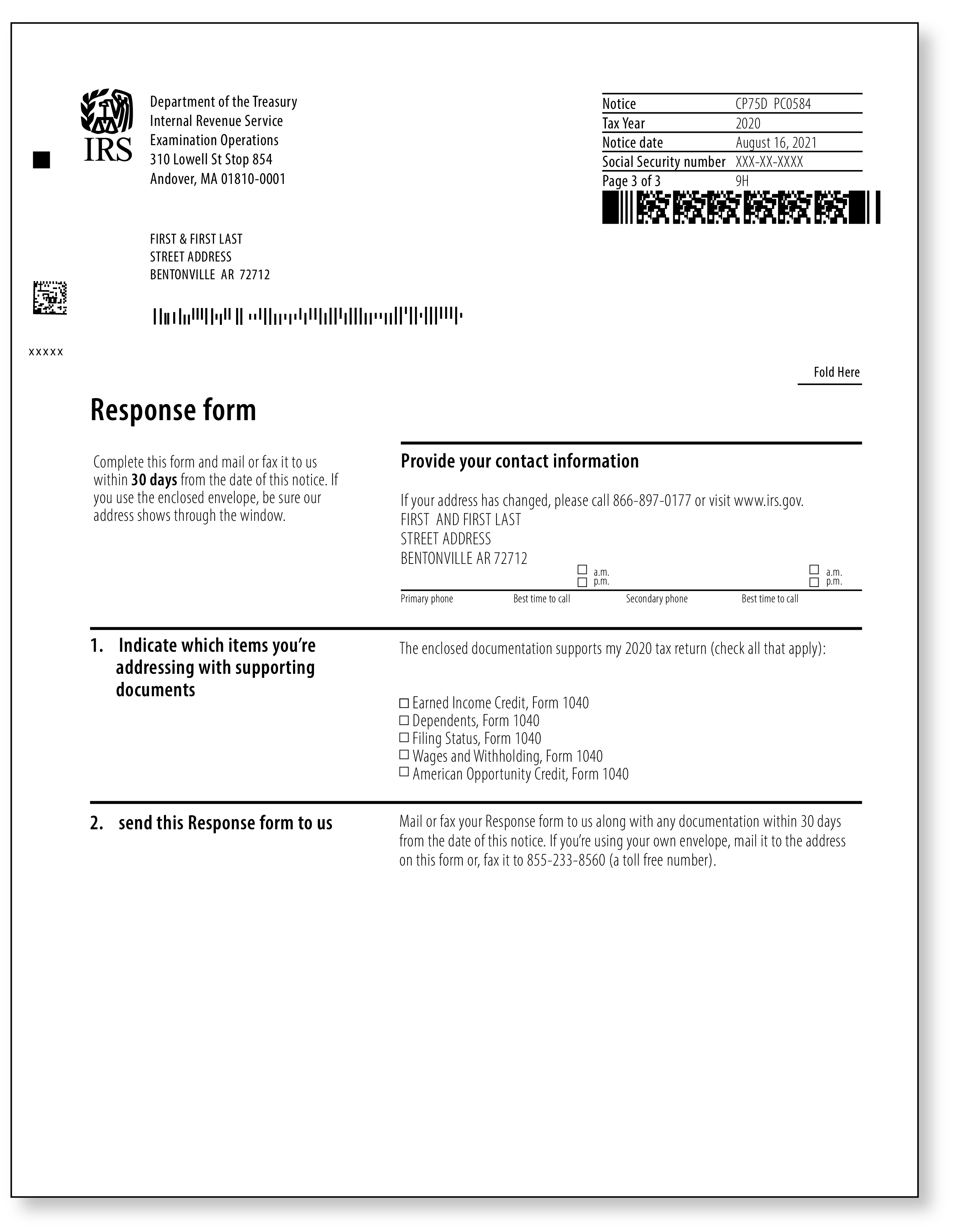 IRS Audit Letter CP75D - Sample 1