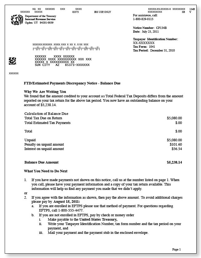 IRS Audit Letter CP134B - Sample 1 