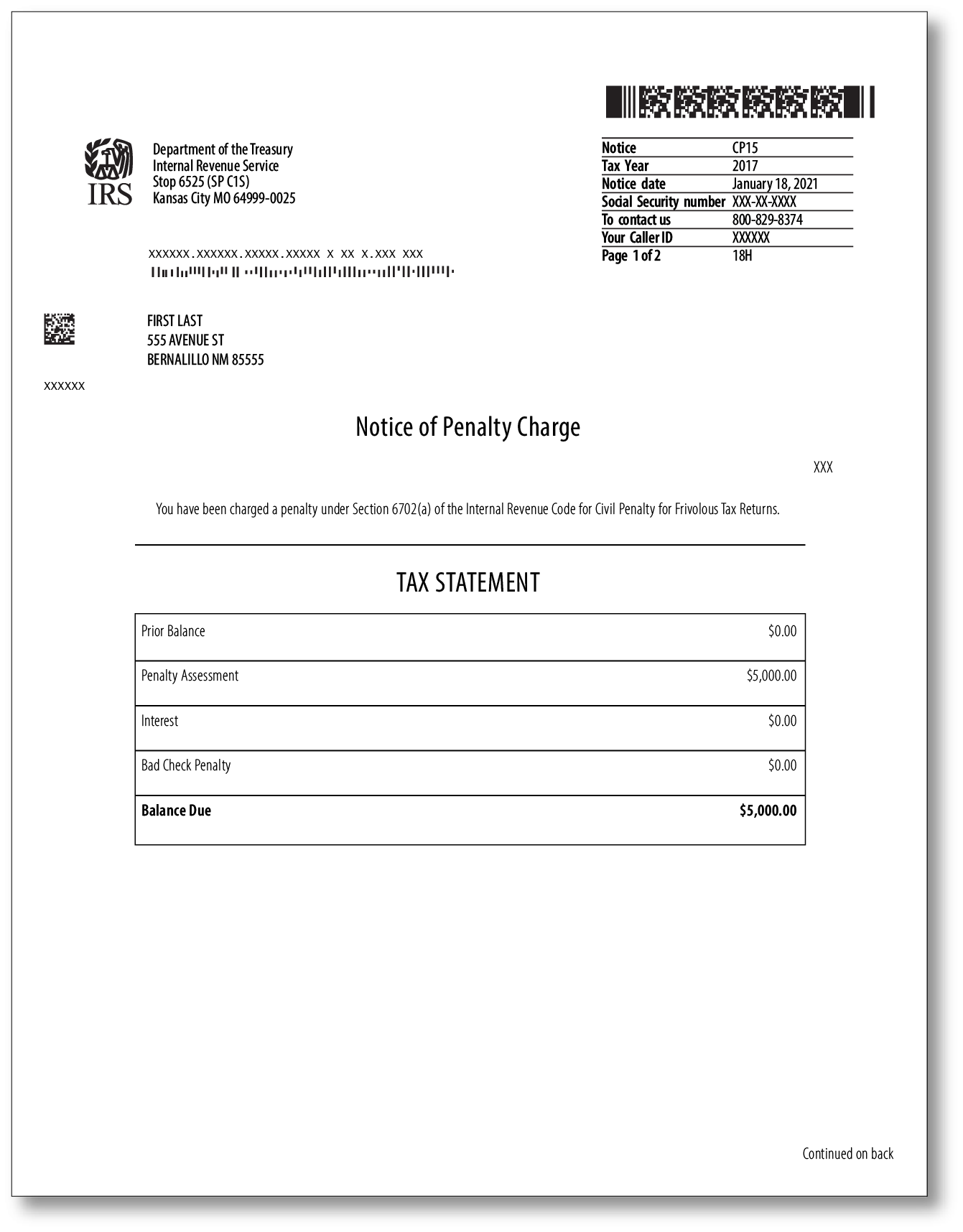 IRS Audit Letter CP15 - Sample 1