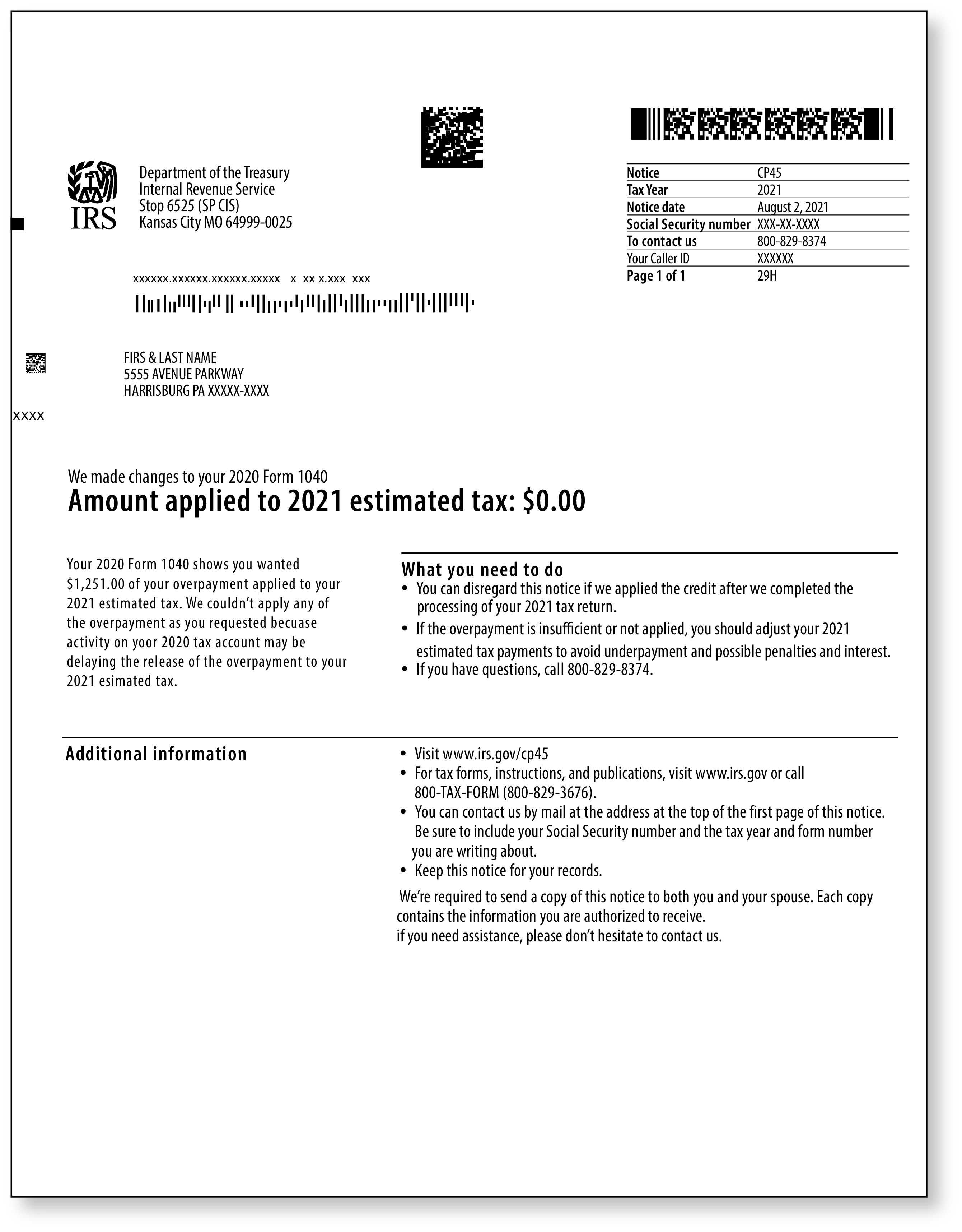 IRS Audit Letter CP45 - Sample 1