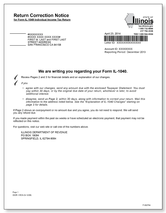 Illinois Department Of Revenue IDOR 1 RCN Letter Sample 1