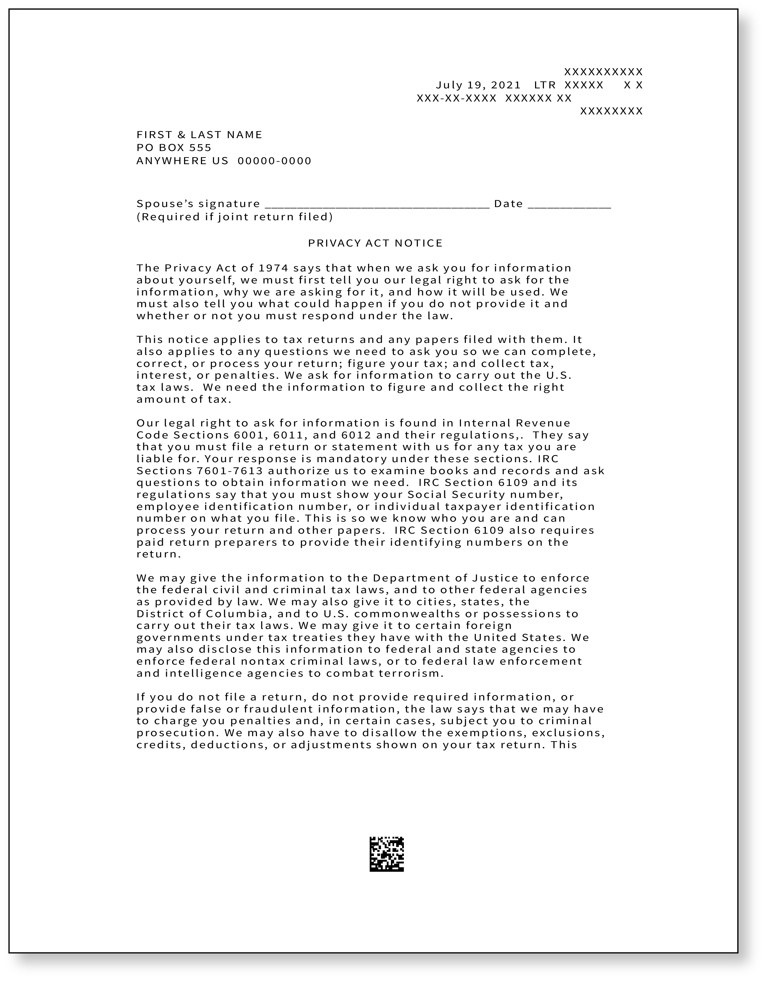 IRS Audit Letter 3219C - Sample 1