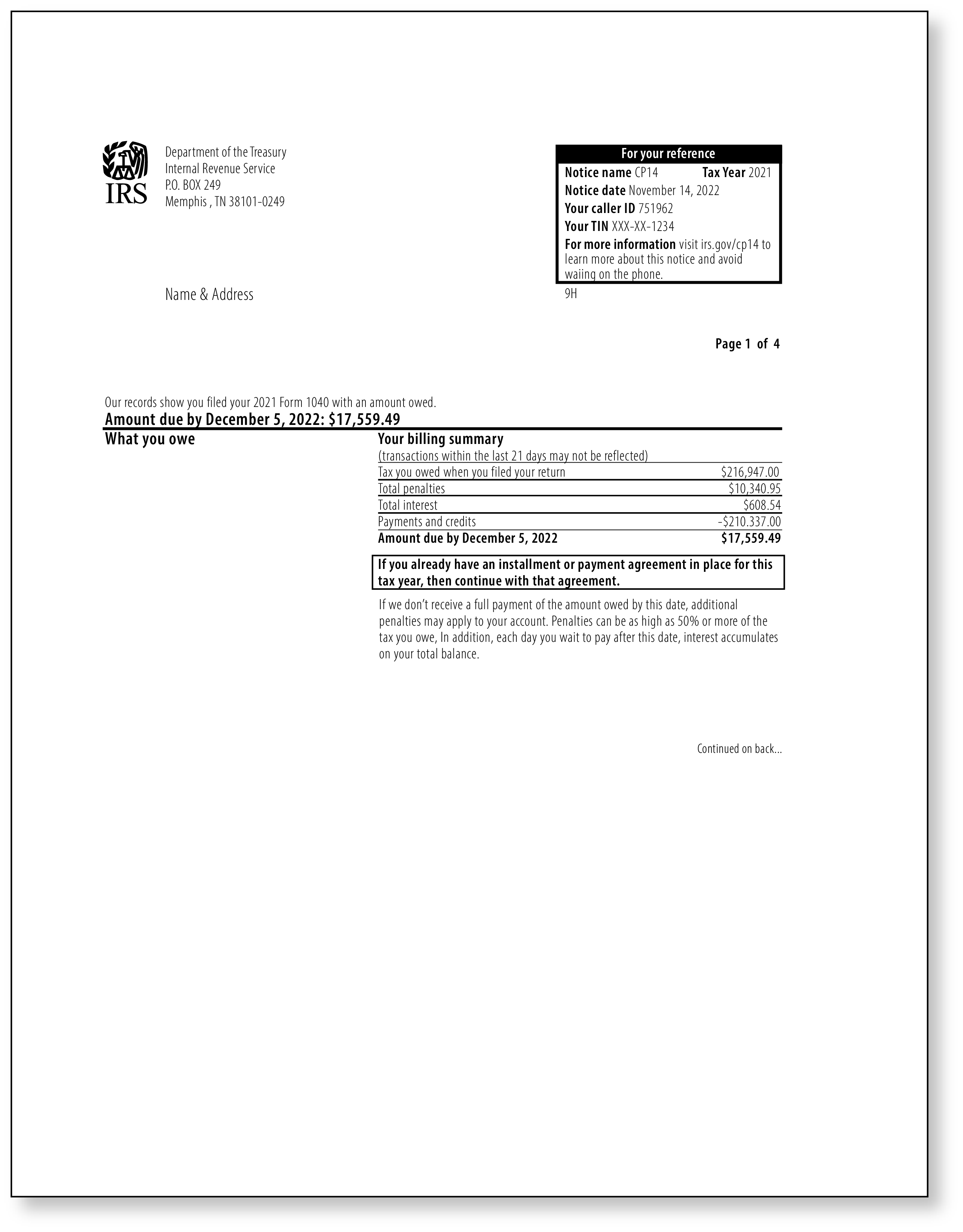 IRS Audit Letter CP14 - Sample 1