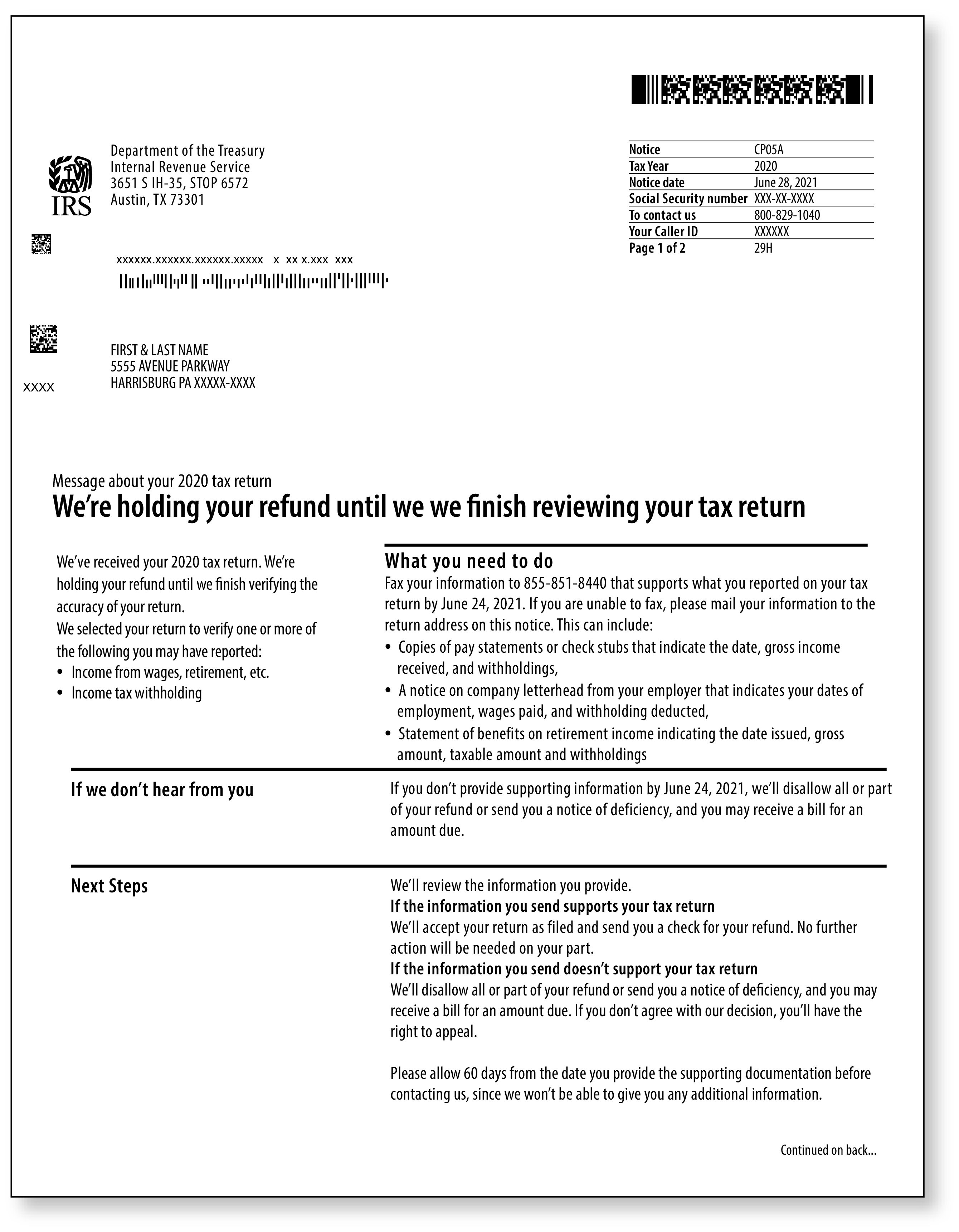 IRS Audit Letter CP05A – Sample 1