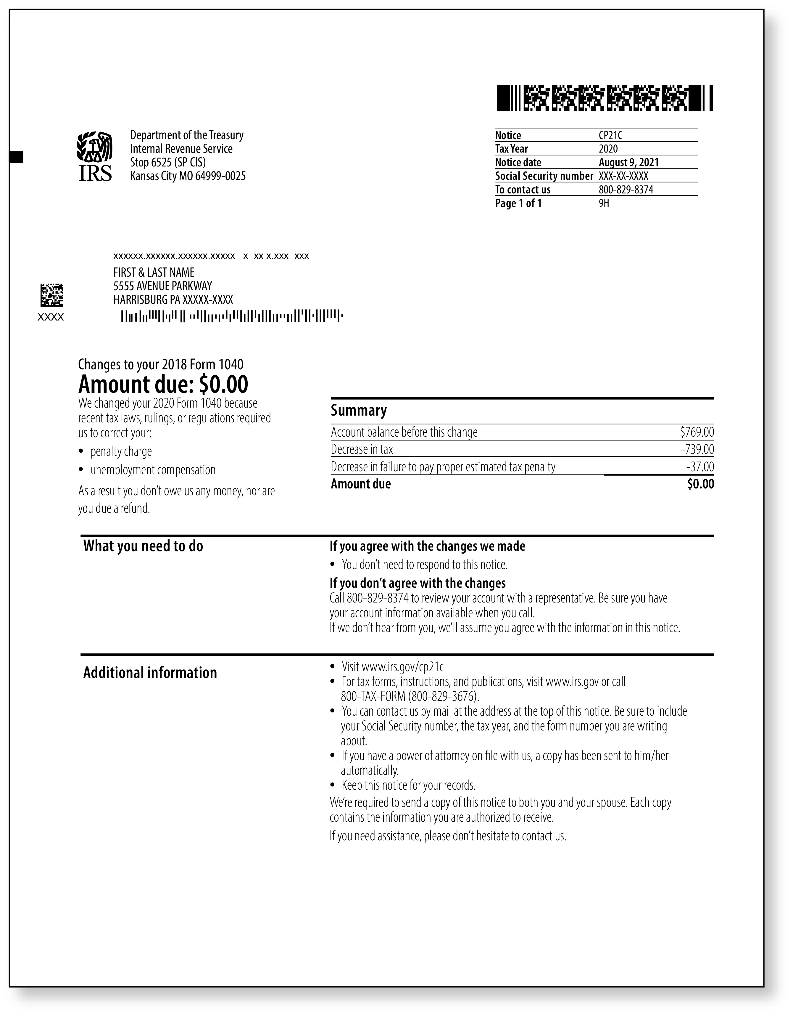 IRS Audit Letter CP21C - Sample 1