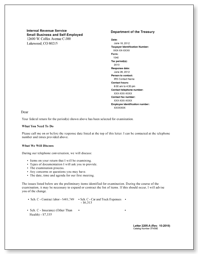 IRS Audit Letter 2205-A - Sample 3