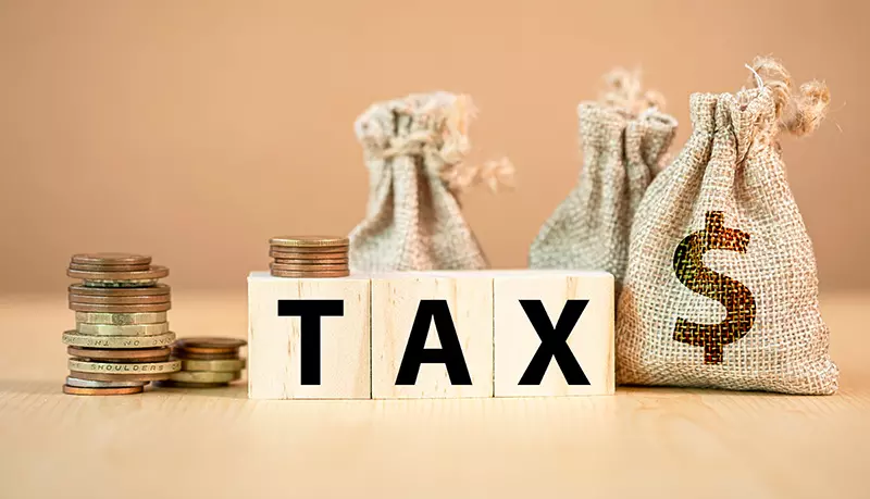 tax written in blocks with money bags in the background