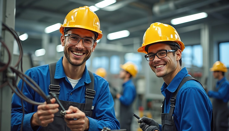 two men holding wires in a tradeschool