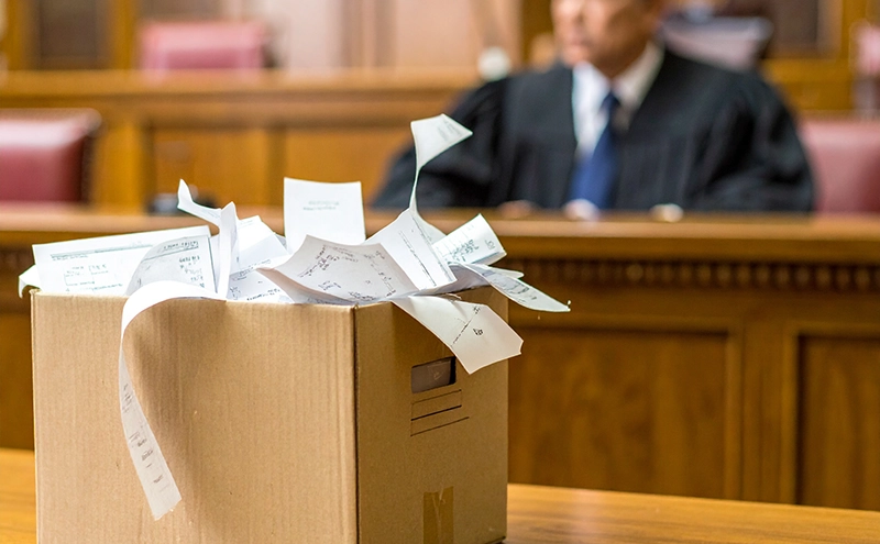 Box of unorganized documents in a court room with a judge in the background