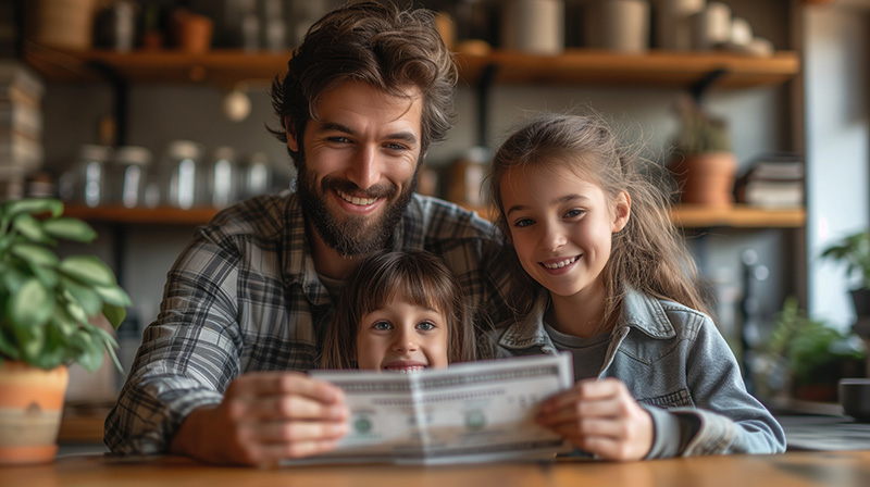 Father holding tax refund check with his two girls