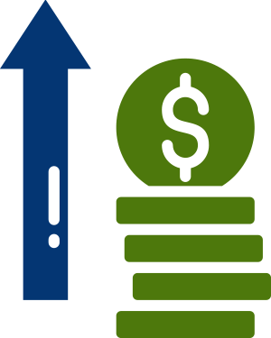 arrow pointing up next to stack of money