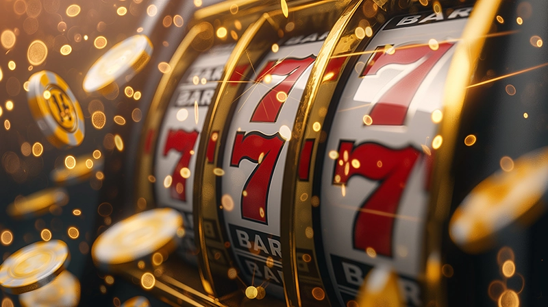 777 on a slot machine with money floating