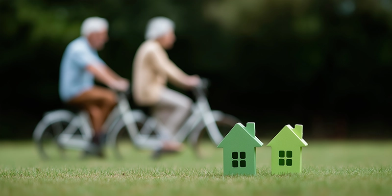 Elderly Couple riding back in background behind two small houses