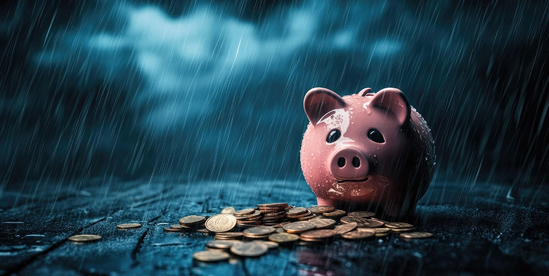 slightly broken piggy bank in a rainstorm