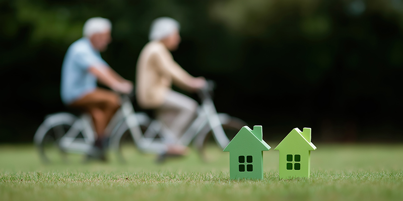 Elderly Couple riding back in background behind two small houses