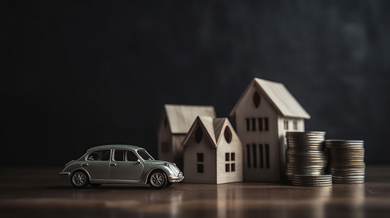 toy car next to 3 small houses and stacks of quarters