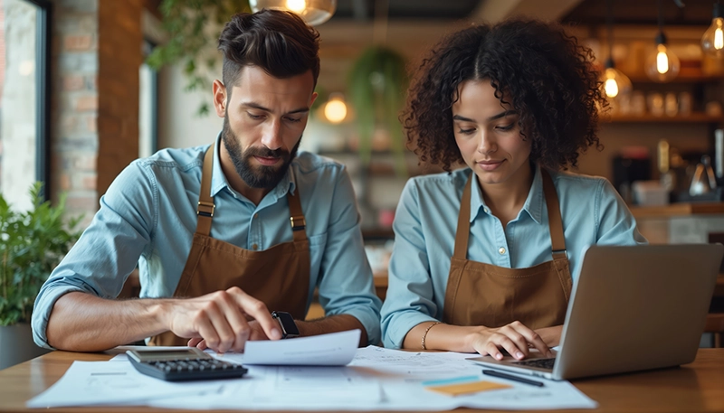 Two Cafe Owners looking at expenses