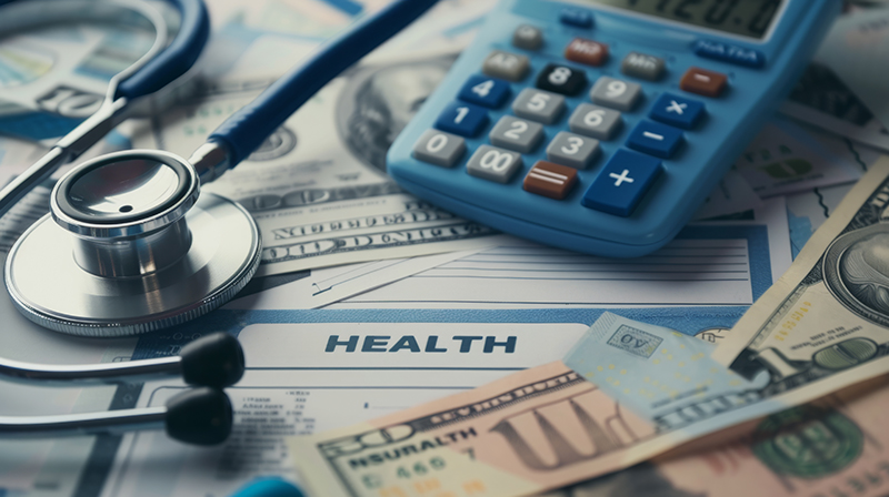 Medical forms, money, stethoscope, and calculator