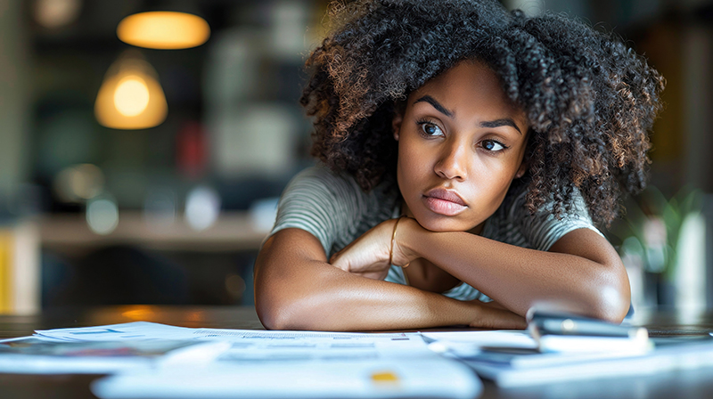 Woman with lots of paperwork on desk
