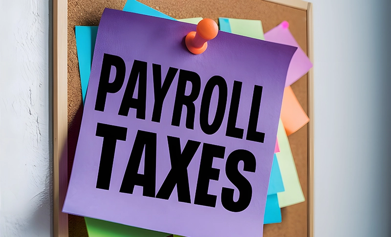 Payroll Taxes written on a purple piece of paper pinned to a bulletin board