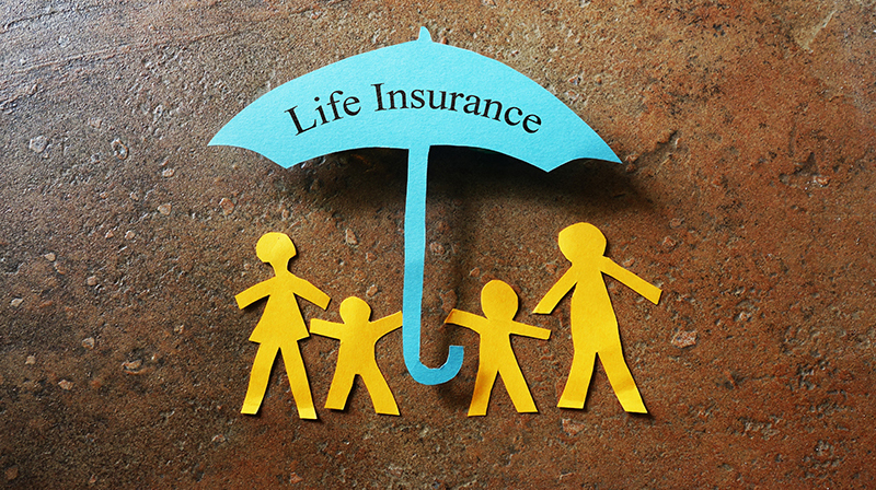 Blue Paper Life Insurance Umbrella Over a Yellow Paper People Family