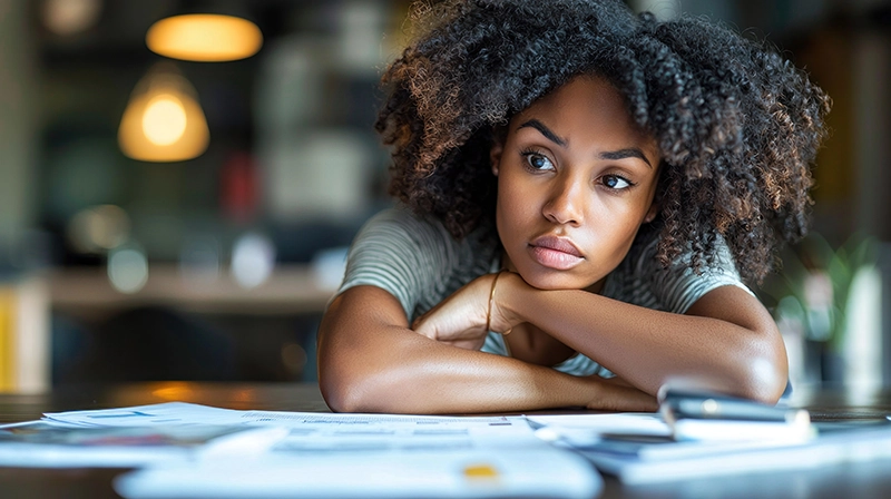 Woman with lots of paperwork on desk