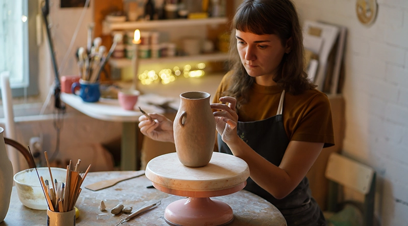 Woman creating pottery