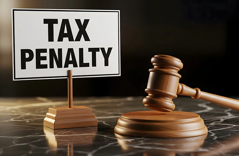 Tax Penalty written on a sign next to a gavel 