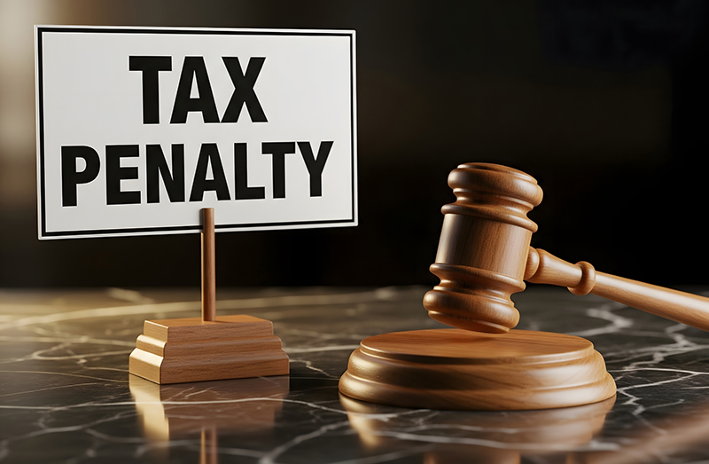 Tax Penalty written on a sign next to a gavel