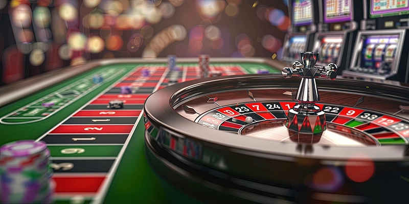 Gambling Roulette Table with shot machines in the background