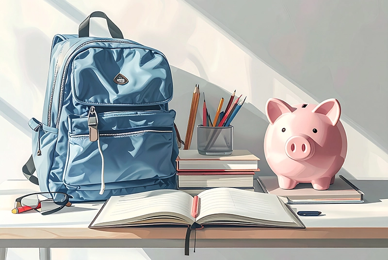 backpack, notebook, and other school supplies sitting on a desk along with a piggy bank
